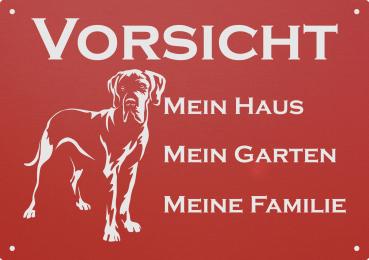 Aluminium Warnschild Deutsche Dogge VORSICHT Mein Haus mein Garten meine Familie
